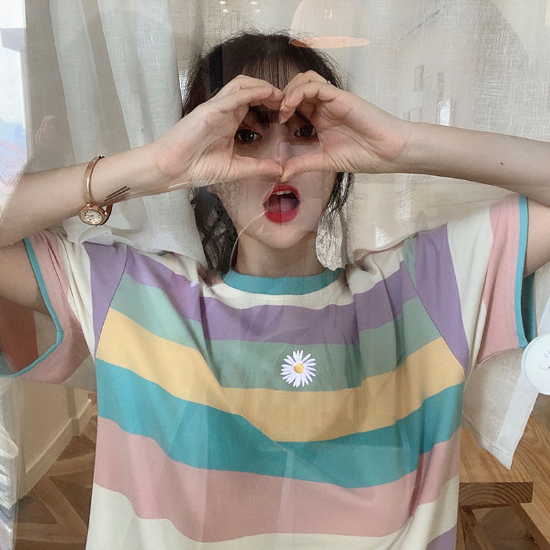 Női pólók Szivárvány csíkos rövid ujjú női póló Nyári bő ujjú póló kabát felsők Mujer Camisetas