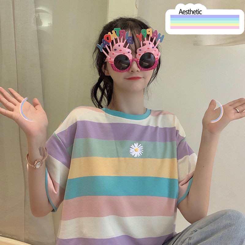 Női pólók Szivárvány csíkos rövid ujjú női póló Nyári bő ujjú póló kabát felsők Mujer Camisetas