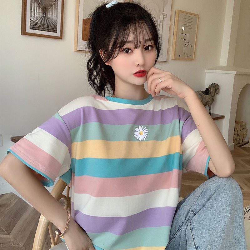 Női pólók Szivárvány csíkos rövid ujjú női póló Nyári bő ujjú póló kabát felsők Mujer Camisetas