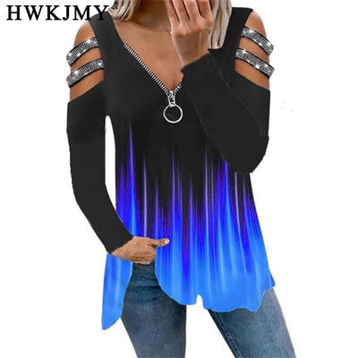 Îmbrăcăminte pentru damă Tricou pentru femeie mare mare cu umăr dezactivat de toamnă cu fermoar cu mânecă lungă Topuri casual pentru femei Tricouri pentru femei