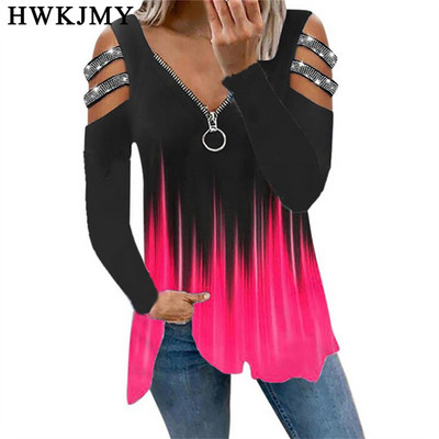 Îmbrăcăminte pentru damă Tricou pentru femeie mare mare cu umăr dezactivat de toamnă cu fermoar cu mânecă lungă Topuri casual pentru femei Tricouri pentru femei