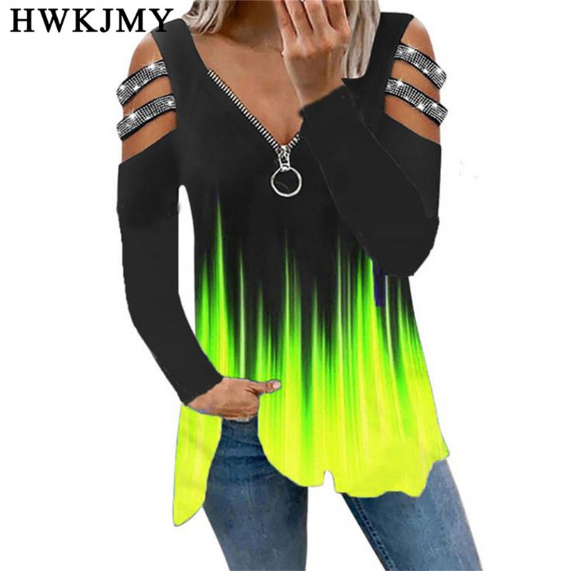 Îmbrăcăminte pentru damă Tricou pentru femeie mare mare cu umăr dezactivat de toamnă cu fermoar cu mânecă lungă Topuri casual pentru femei Tricouri pentru femei