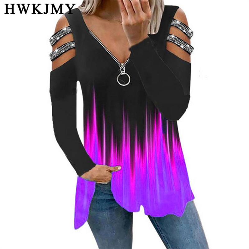 Îmbrăcăminte pentru damă Tricou pentru femeie mare mare cu umăr dezactivat de toamnă cu fermoar cu mânecă lungă Topuri casual pentru femei Tricouri pentru femei