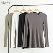 BRADELY MICHELLE Nyári tiszta pamut kötött felsők nőknek alkalmi karcsú, elasztikus O-nyakú hosszú ujjú póló