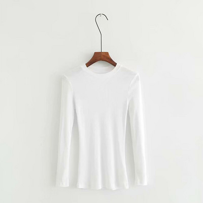 BRADELY MICHELLE Nyári tiszta pamut kötött felsők nőknek alkalmi karcsú, elasztikus O-nyakú hosszú ujjú póló