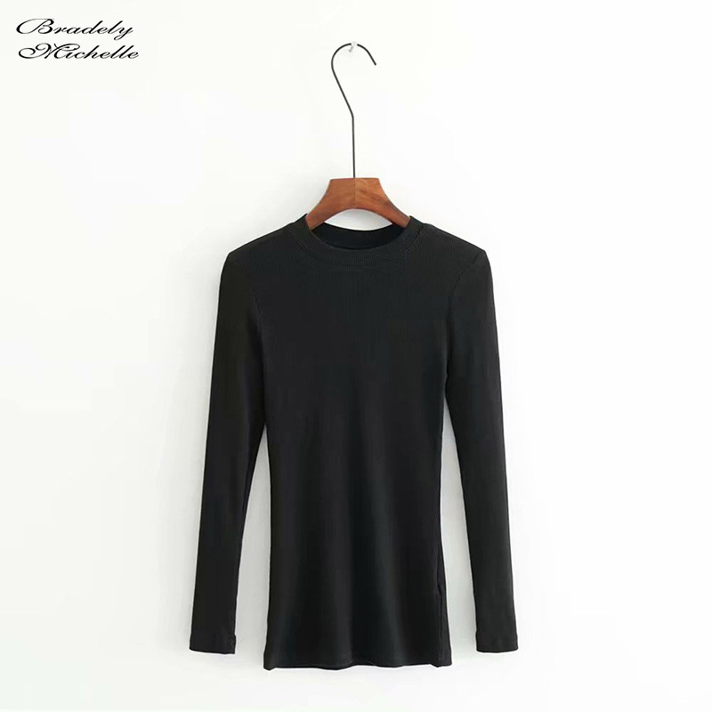 BRADELY MICHELLE Nyári tiszta pamut kötött felsők nőknek alkalmi karcsú, elasztikus O-nyakú hosszú ujjú póló