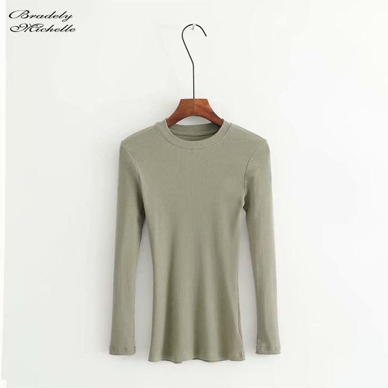 BRADELY MICHELLE Nyári tiszta pamut kötött felsők nőknek alkalmi karcsú, elasztikus O-nyakú hosszú ujjú póló