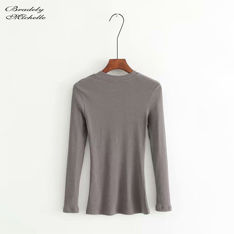 BRADELY MICHELLE Nyári tiszta pamut kötött felsők nőknek alkalmi karcsú, elasztikus O-nyakú hosszú ujjú póló
