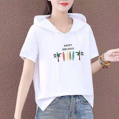 2021 nyári laza 100% pamut kapucnis póló női rövid ujjú póló női póló O nyakú koreai stílusú női ingek