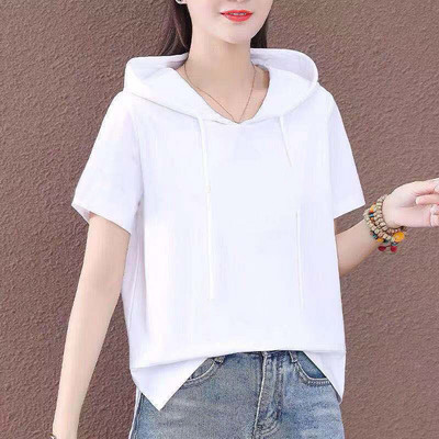 2021 nyári laza 100% pamut kapucnis póló női rövid ujjú póló női póló O nyakú koreai stílusú női ingek