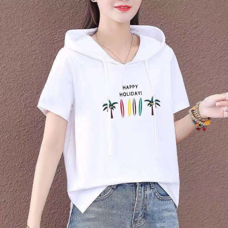 2021 nyári laza 100% pamut kapucnis póló női rövid ujjú póló női póló O nyakú koreai stílusú női ingek