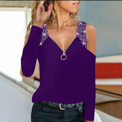 Seksi modna jesen-zima 2022. ženska majica kratkih rukava s patentnim zatvaračem s V izrezom i spuštenim ramenima Hot Drill Ležerna jednobojna pulover majica kratkih rukava