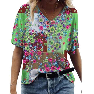 5XL Dideli moteriški marškinėliai vasariniai trumpomis rankovėmis V formos iškirpte, kasdieniai gatvės aprangos viršutiniai drabužiai, 4XL dydis, 5XL moteriški 3D marškinėliai su gėlėmis, marginti 2021 m.