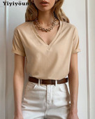 Yiyiyouni 2022 nyári alkalmi szolid, V-nyakú póló női kötött pamut alap rövid ujjú felsők női laza puha fehér póló