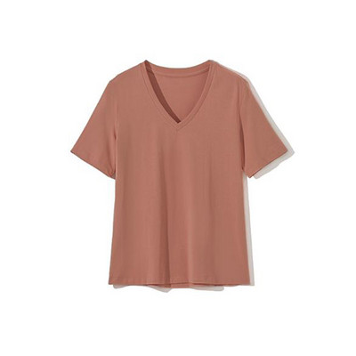 Yiyiyouni 2022 nyári alkalmi szolid, V-nyakú póló női kötött pamut alap rövid ujjú felsők női laza puha fehér póló