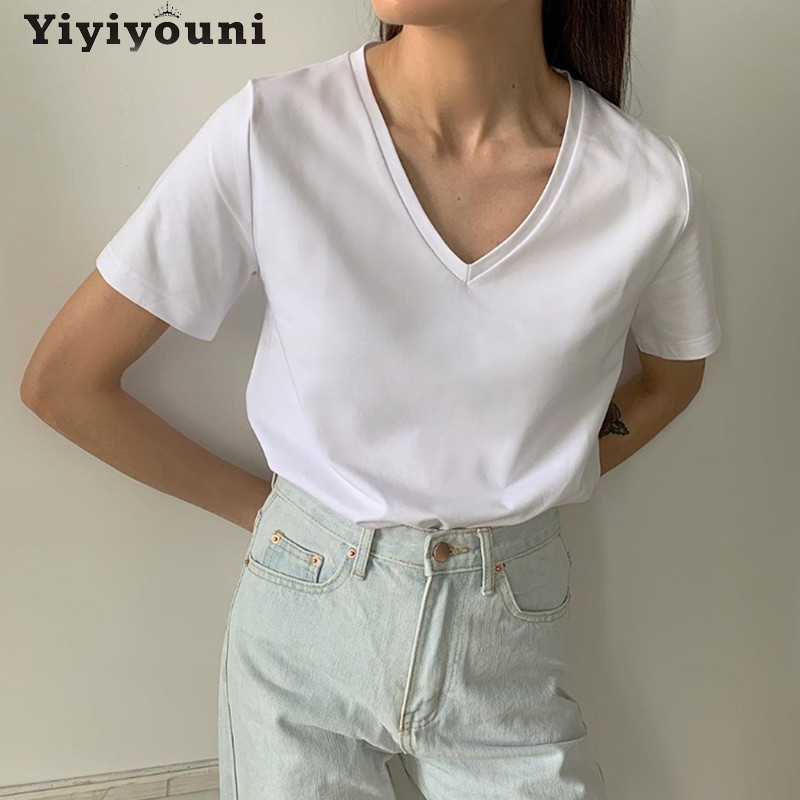 Yiyiyouni 2022 nyári alkalmi szolid, V-nyakú póló női kötött pamut alap rövid ujjú felsők női laza puha fehér póló