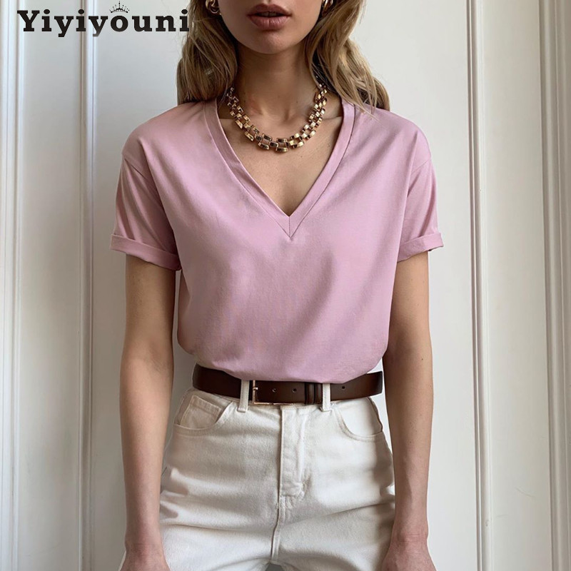 Yiyiyouni 2022 nyári alkalmi szolid, V-nyakú póló női kötött pamut alap rövid ujjú felsők női laza puha fehér póló