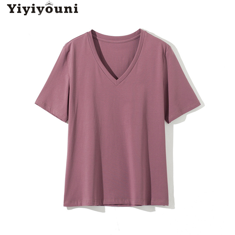 Yiyiyouni 2022 nyári alkalmi szolid, V-nyakú póló női kötött pamut alap rövid ujjú felsők női laza puha fehér póló