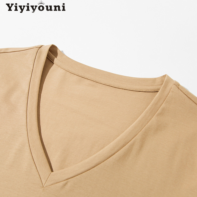 Yiyiyouni 2022 nyári alkalmi szolid, V-nyakú póló női kötött pamut alap rövid ujjú felsők női laza puha fehér póló