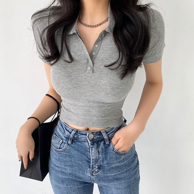 2022-es nyári női póló felső koreai gombos lehajtható gallérral vékony pólók női tömör rövid ujjú karcsú elasztikus felsők