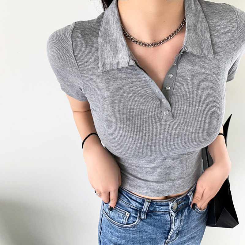 2022-es nyári női póló felső koreai gombos lehajtható gallérral vékony pólók női tömör rövid ujjú karcsú elasztikus felsők