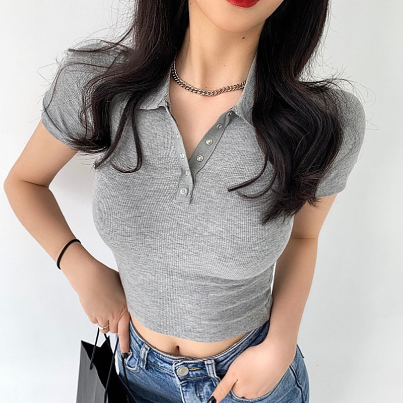 2022-es nyári női póló felső koreai gombos lehajtható gallérral vékony pólók női tömör rövid ujjú karcsú elasztikus felsők