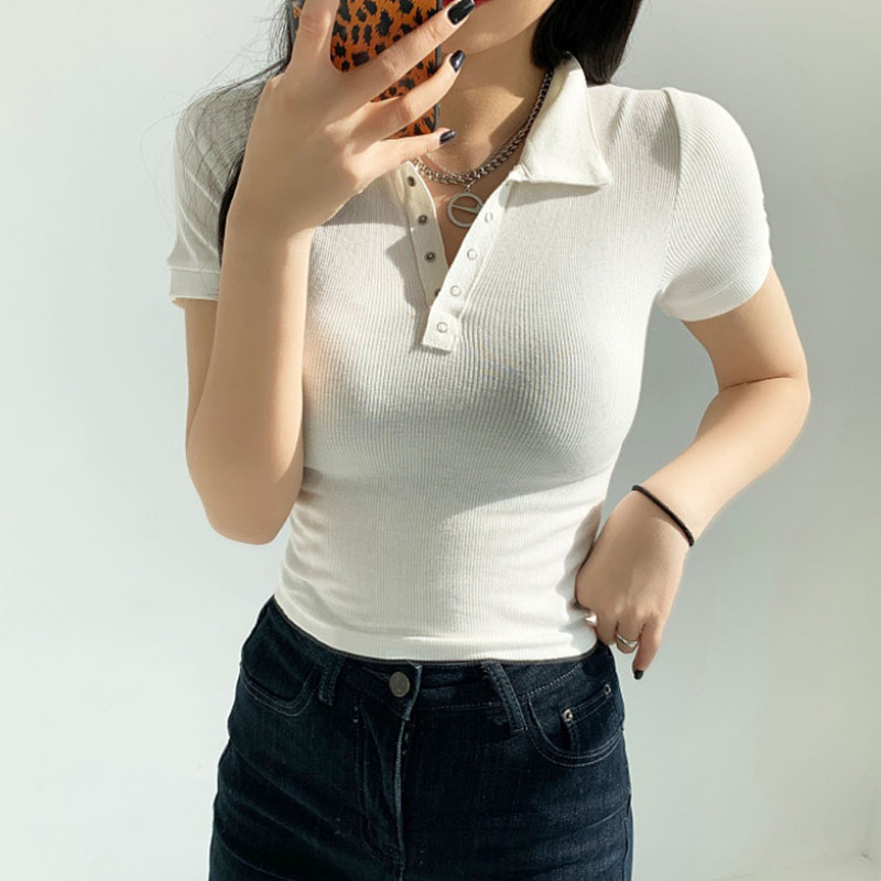 2022-es nyári női póló felső koreai gombos lehajtható gallérral vékony pólók női tömör rövid ujjú karcsú elasztikus felsők