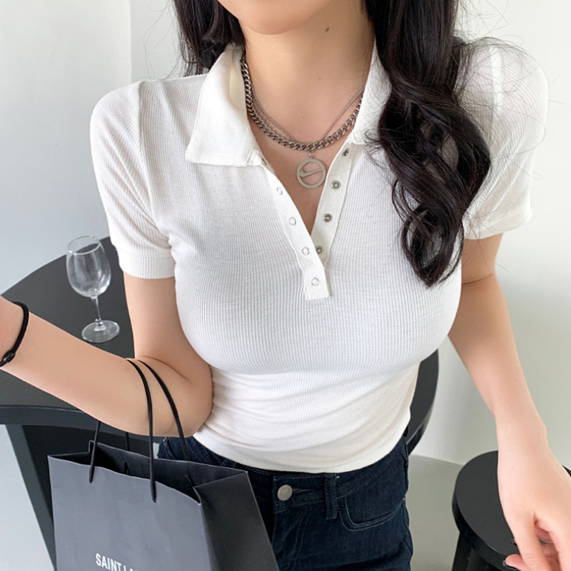 2022-es nyári női póló felső koreai gombos lehajtható gallérral vékony pólók női tömör rövid ujjú karcsú elasztikus felsők