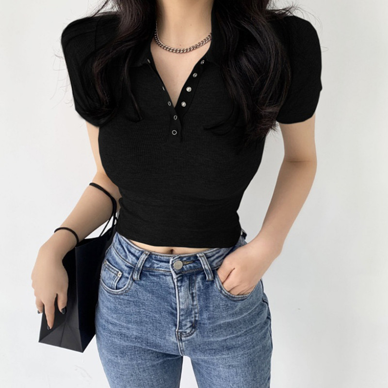2022-es nyári női póló felső koreai gombos lehajtható gallérral vékony pólók női tömör rövid ujjú karcsú elasztikus felsők