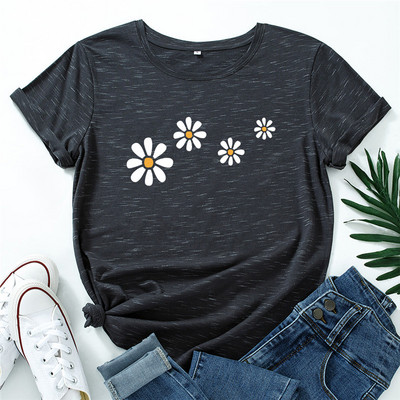 Nyári, 100% pamut női póló, szép virágokkal nyomott póló Új divatos női póló, nyakú, rövid ujjú póló, túlméretezett felsők