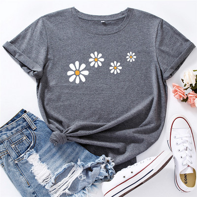 Nyári, 100% pamut női póló, szép virágokkal nyomott póló Új divatos női póló, nyakú, rövid ujjú póló, túlméretezett felsők