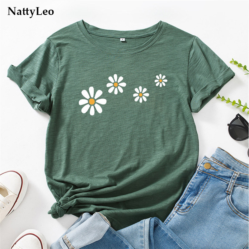 Nyári, 100% pamut női póló, szép virágokkal nyomott póló Új divatos női póló, nyakú, rövid ujjú póló, túlméretezett felsők