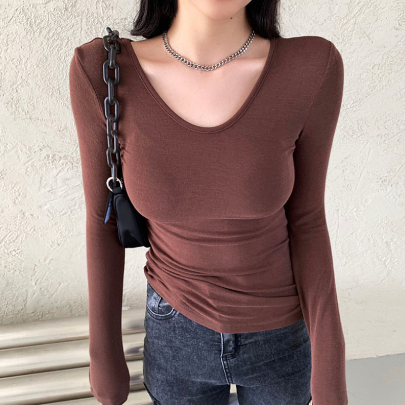 Rudeniniai marškinėliai ilgomis rankovėmis moterims Liekno kaklo elastingi medvilniniai marškinėliai Korėjos madingi drabužiai Moteriški marškinėliai „Soild Tee“