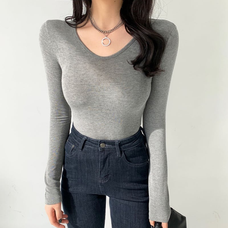 Rudeniniai marškinėliai ilgomis rankovėmis moterims Liekno kaklo elastingi medvilniniai marškinėliai Korėjos madingi drabužiai Moteriški marškinėliai „Soild Tee“