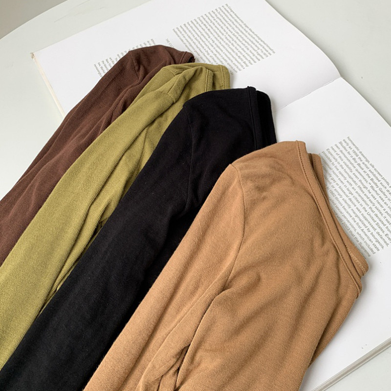 Rudeniniai marškinėliai ilgomis rankovėmis moterims Liekno kaklo elastingi medvilniniai marškinėliai Korėjos madingi drabužiai Moteriški marškinėliai „Soild Tee“