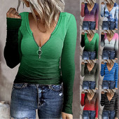 2022 m. rudens žiema Moteriški marškinėliai su V kaklo gradiento spausdinimu su užtrauktuku Kasdieniai ploni madingi marginti ilgomis rankovėmis megztiniai marškinėliai viršus