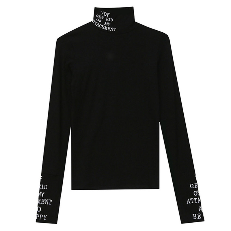 Tricou cu mânecă lungă, alb, negru, tricou cu imprimeu cu litere pentru femei, tricou elastic Harajuku cu gât strâns pentru femeie din bumbac