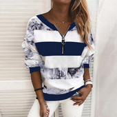 Naiste trükitud triibulised T-särgid Pusad Kevad-sügis tõmblukuga krae vabaaja pikkade varrukatega topid Naiste lapitehnikas Pullovers Pluusid