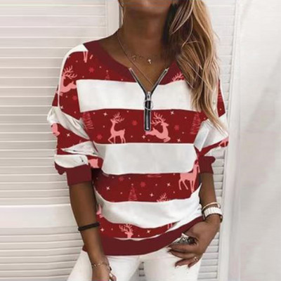 Naiste trükitud triibulised T-särgid Pusad Kevad-sügis tõmblukuga krae vabaaja pikkade varrukatega topid Naiste lapitehnikas Pullovers Pluusid