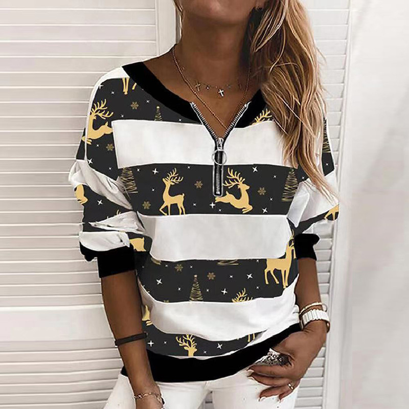 Tricouri cu dungi imprimate pentru femei, hanorace, primăvară, toamnă, guler cu fermoar, ocazional, cu mânecă lungă, topuri, pulovere mozaic pentru femei, bluze