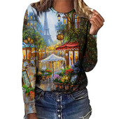 Tricou cu mânecă lungă pentru femei, cu desene animate, cu pictură 3D, tricouri de toamnă, tricouri largi, casual, cu gâtul în formă de O, tricou din bumbac