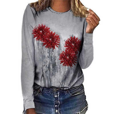 Tricou cu mânecă lungă pentru femei, cu desene animate, cu pictură 3D, tricouri de toamnă, tricouri largi, casual, cu gâtul în formă de O, tricou din bumbac