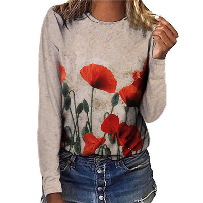 Tricou cu mânecă lungă pentru femei, cu desene animate, cu pictură 3D, tricouri de toamnă, tricouri largi, casual, cu gâtul în formă de O, tricou din bumbac