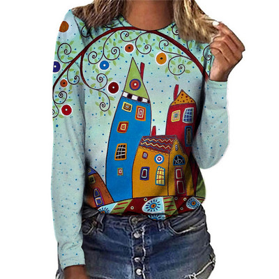 Tricou cu mânecă lungă pentru femei, cu desene animate, cu pictură 3D, tricouri de toamnă, tricouri largi, casual, cu gâtul în formă de O, tricou din bumbac