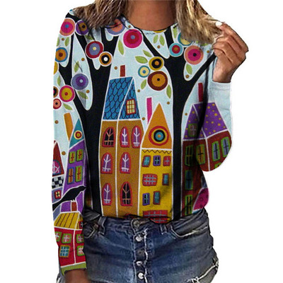 Tricou cu mânecă lungă pentru femei, cu desene animate, cu pictură 3D, tricouri de toamnă, tricouri largi, casual, cu gâtul în formă de O, tricou din bumbac