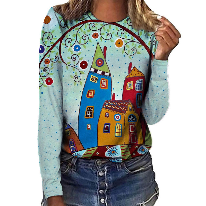 Tricou cu mânecă lungă pentru femei, cu desene animate, cu pictură 3D, tricouri de toamnă, tricouri largi, casual, cu gâtul în formă de O, tricou din bumbac