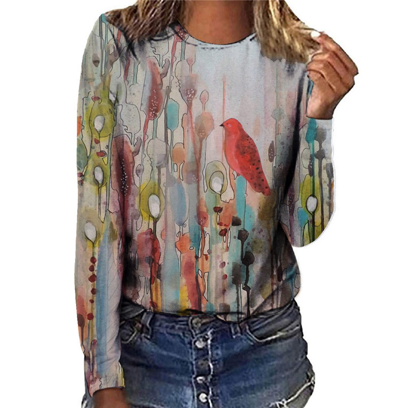 Tricou cu mânecă lungă pentru femei, cu desene animate, cu pictură 3D, tricouri de toamnă, tricouri largi, casual, cu gâtul în formă de O, tricou din bumbac