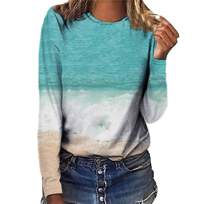 Tricou cu mânecă lungă pentru femei, cu desene animate, cu pictură 3D, tricouri de toamnă, tricouri largi, casual, cu gâtul în formă de O, tricou din bumbac