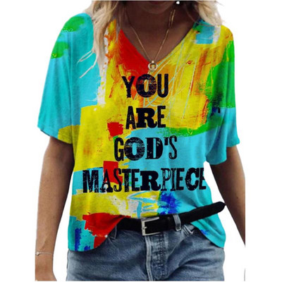 Summer Fashion Women T Shirt Colorful Letter Print Tops Tee Ladies V-Neck Short Sleeve  Size S-3XL Loose T Shirt Female Tops