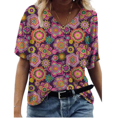Suvemoodne naiste T-särk Värviline kirjatrükiga topid Naiste V-kaelusega lühikeste varrukatega Suurus S-3XL Lahtine T-särk Naiste topid